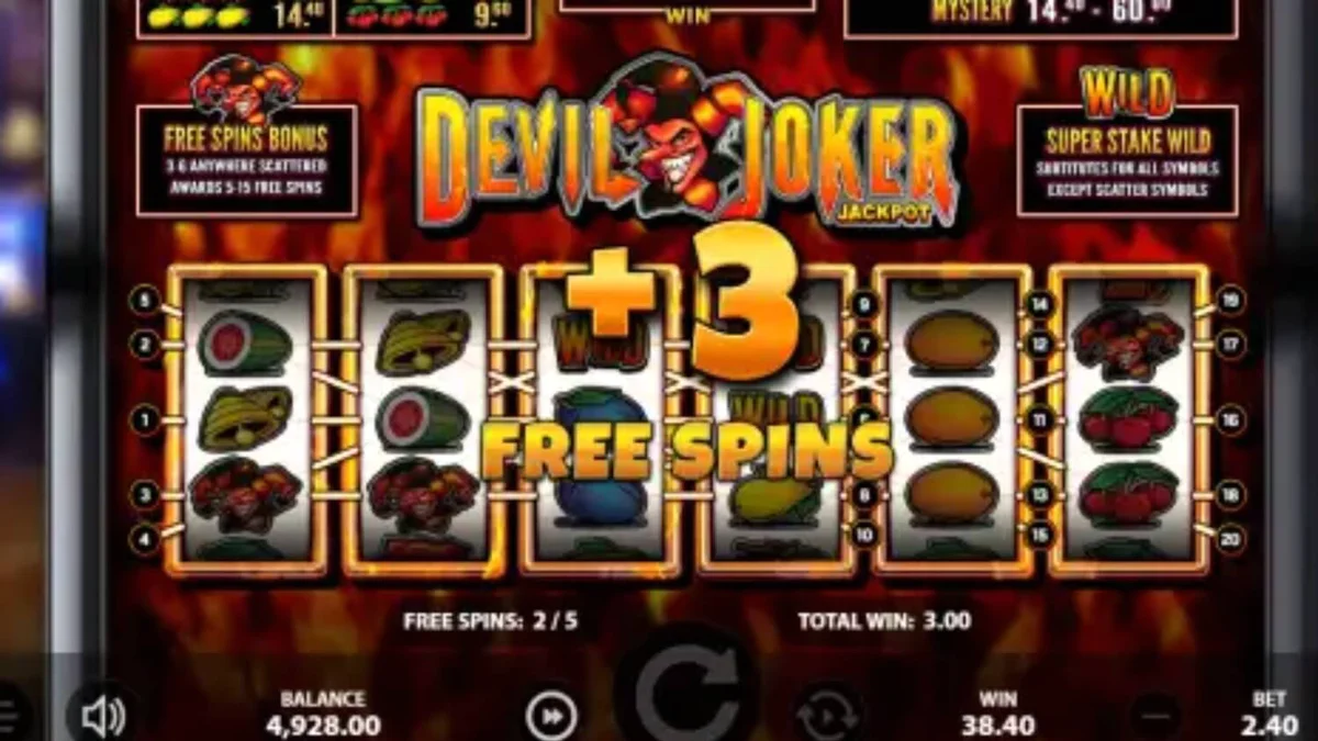 Interface do jogo de slot Devil Joker Jackpot com símbolos de frutas e elementos demoníacos