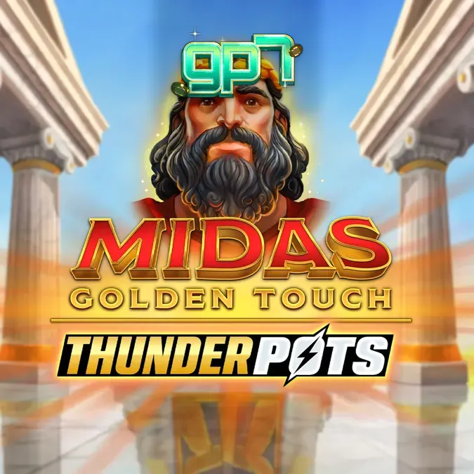 Captura de tela do jogo Midas Golden Touch: Thunder Pots, mostrando a grade 5x3 com símbolos temáticos de ouro e os três baús coloridos acima dos rolos.