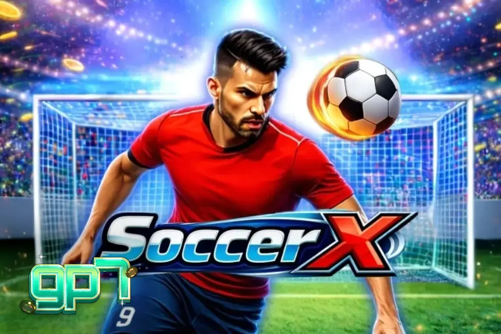 Interface do jogo de slot SoccerX com tema de pênaltis